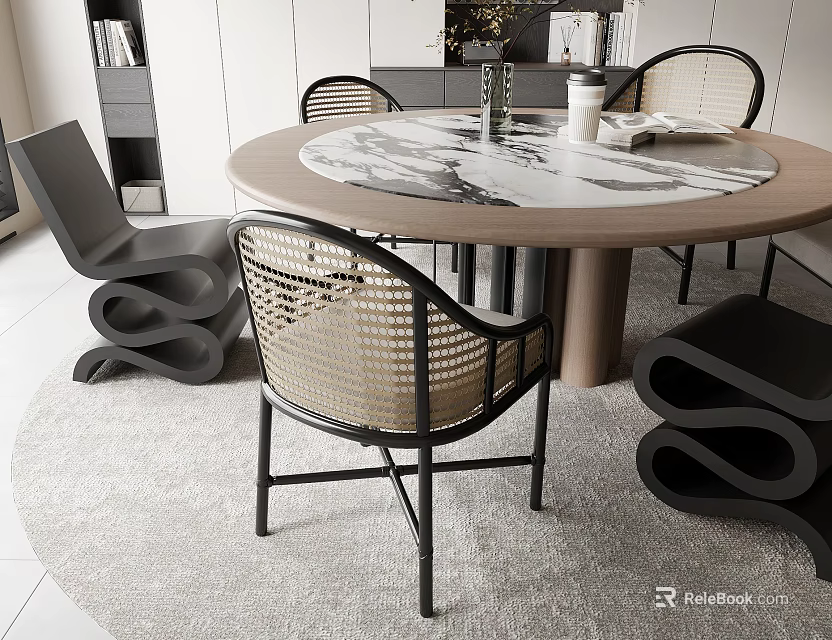 Modern Round Dining Table Set With Marble Top And Woven Rattan Chairs On Soft Rug 3d model 