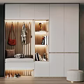Modern Elegant Shoe Cabinet With Clothing Hangers Open Shelves And Lighting Design