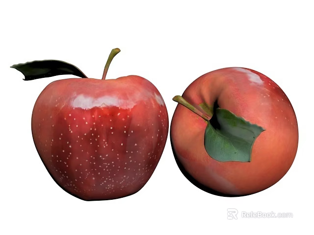 Fresh Red Apples With Green Leaves And Tiny White Speckles On Surface 3d model 