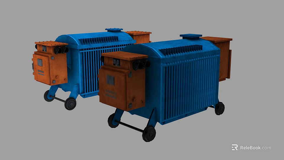Blue and Orange Industrial Equipment with Mobile Enclosure and Wheels Design 3d model 