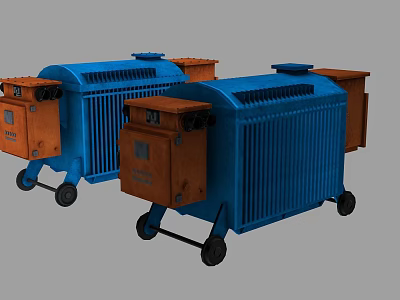 Blue and Orange Industrial Equipment with Mobile Enclosure and Wheels Design 3d model