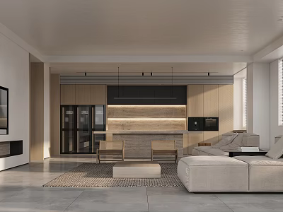Modern Open Plan Living Dining Room With Beige Sofa Wooden Island Cabinets And Natural Light 3d model