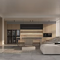 Modern Open Plan Living Dining Room With Beige Sofa Wooden Island Cabinets And Natural Light