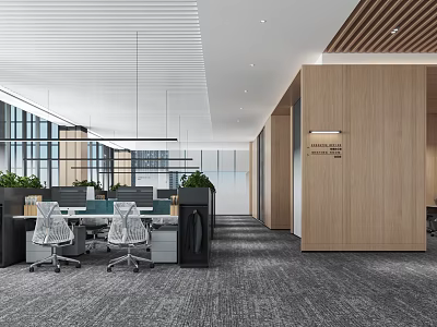 Modern Open Public Office Space With Workstations Chairs Green Plants Wooden Partitions And Large Windows 3d model