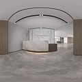 Modern Office Front Desk Reception With Marble Backdrop Wooden Pillar And Comfortable Chairs