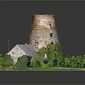 Ancient Stone Tower And Rustic Small House In Lush Green Grass Model Scene