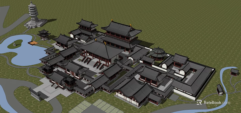 Ancient Chinese Architecture With Traditional Wooden Structures Overhanging Eaves And Symmetrical Courtyard Layout 3d model 