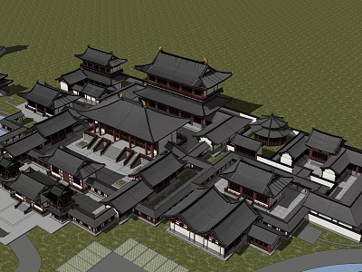 Ancient Chinese Architecture With Traditional Wooden Structures Overhanging Eaves And Symmetrical Courtyard Layout 3d model