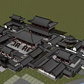 Ancient Chinese Architecture With Traditional Wooden Structures Overhanging Eaves And Symmetrical Courtyard Layout