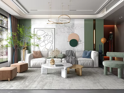 Modern Living Room Interior Design With White Sofa Coffee Table Green Walls And Decor 3d model