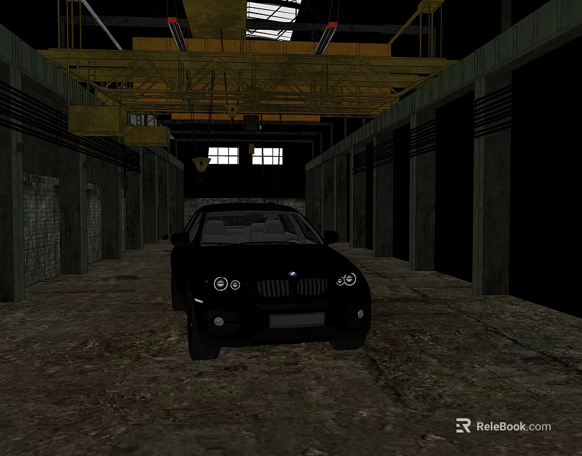 Black Car Parked In Industrial Warehouse With Metal Structure And Concrete Floor 3d model 