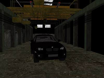 Black Car Parked In Industrial Warehouse With Metal Structure And Concrete Floor 3d model