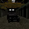 Black Car Parked In Industrial Warehouse With Metal Structure And Concrete Floor