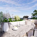 Rooftop Garden With Blue Hydrangeas White Flowers Green Plants Grill And Wooden Deck