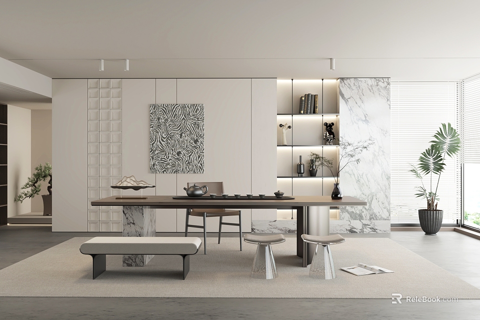 Modern Tea Room Interior With Long Wooden Table Decorative Painting Marble Wall Bookshelf And Plants 3d model 