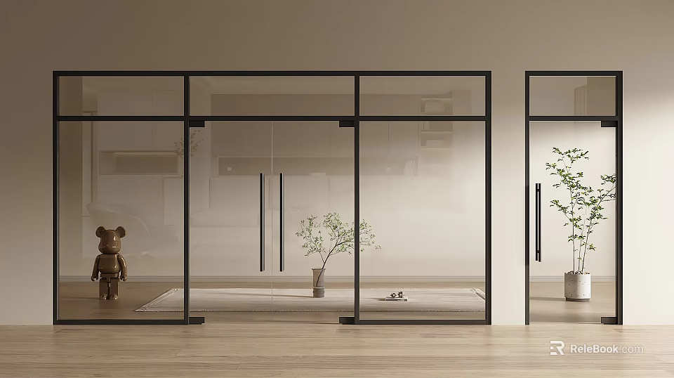 Modern Glass Double Doors With Black Frames Interior Space Wooden Floor And Potted Plants 3d model 
