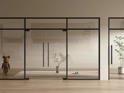 Modern Glass Double Doors With Black Frames Interior Space Wooden Floor And Potted Plants 3d model