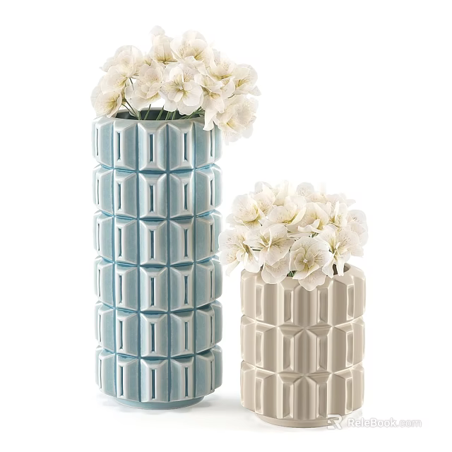 Decorative Ornaments Set With Blue Beige Geometric Pattern Vases And White Flowers 3d model 