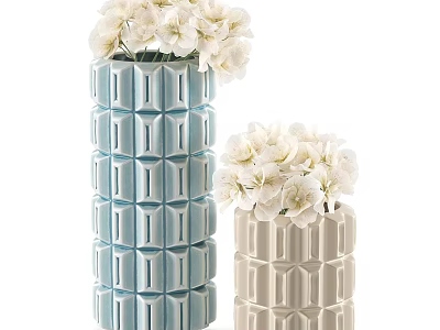 Decorative Ornaments Set With Blue Beige Geometric Pattern Vases And White Flowers 3d model