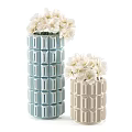 Decorative Ornaments Set With Blue Beige Geometric Pattern Vases And White Flowers