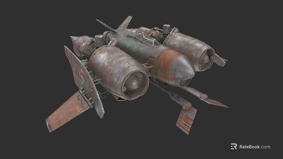 Vintage Rusted Spaceship Model With Multiple Engines And Metallic Wings 3d model 