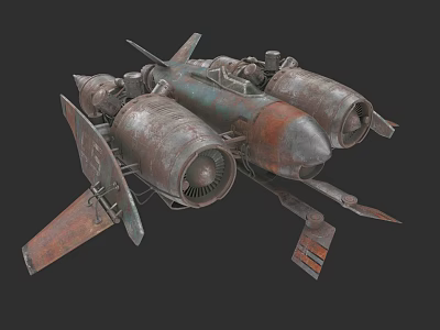 Vintage Rusted Spaceship Model With Multiple Engines And Metallic Wings 3d model