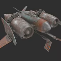 Vintage Rusted Spaceship Model With Multiple Engines And Metallic Wings 3d model