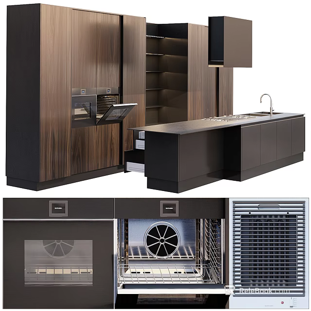 Modern Dark Wooden Kitchen Cabinets With Open Shelves Countertop And Appliances 3d model 