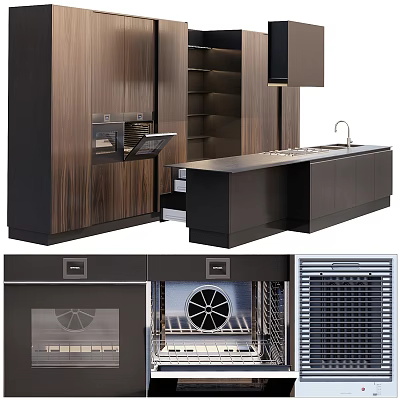 Modern Dark Wooden Kitchen Cabinets With Open Shelves Countertop And Appliances 3d model
