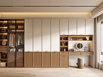 Sleek Modern Wardrobe Interior With Glass Doors Wooden Storage Cabinets And Drawers 3d model