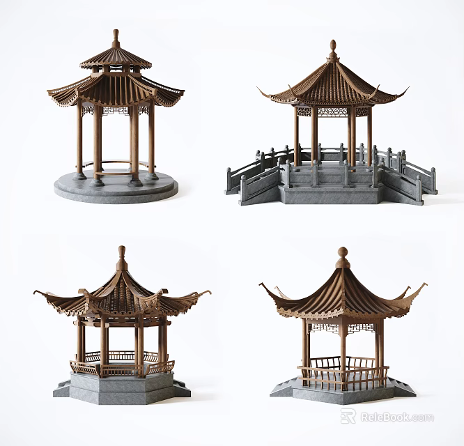 Traditional Chinese Pavilion Models With Various Designs Wooden Structures And Stone Bases 3d model 