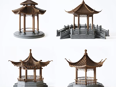 Traditional Chinese Pavilion Models With Various Designs Wooden Structures And Stone Bases 3d model