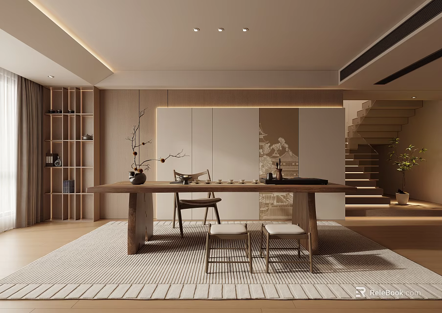 Modern Tea Room Interior Featuring Long Wooden Table Chairs Area Rug Wall Artwork And Staircase 3d model 