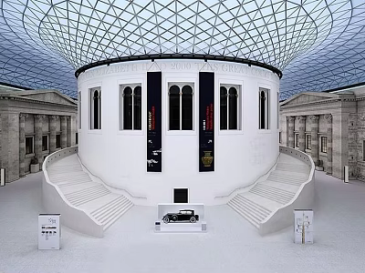 Museum Exhibition Hall Interior With Circular White Building Glass Dome Ceiling Staircases And Displayed Car 3d model
