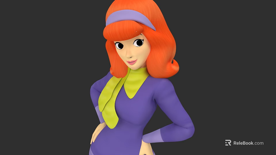 3D Game And Movie Character With Red Orange Hair Purple Headband Green Collar Outfit 3d model 