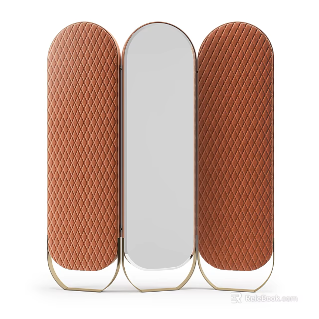 Modern Three Panel Room Divider With Brown Diamond Pattern And White Mirror Center Gold Frame 3d model