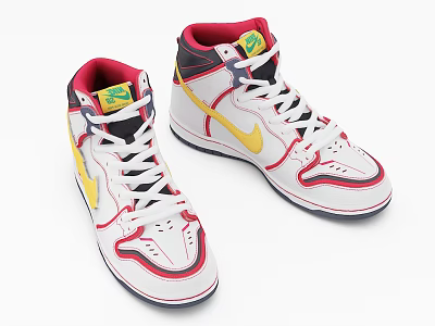 High Top White Athletic Shoes with Red Yellow Accents and Nike Logo 3d model