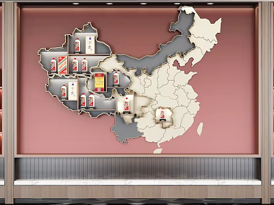 Unique China Map Shaped Wine Cabinet with Displayed Wine Bottles and Wooden Frame 3d model