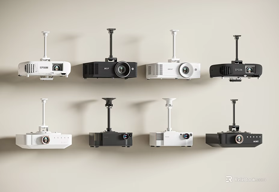 Projection Monitoring Devices In Various Models White And Black Mounted On Wall 3d model 