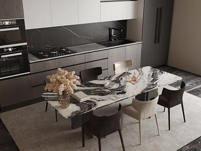 Modern Kitchen Interior With Marble Table And Chairs Set Decorated With Flower Bouquet 3d model