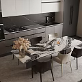 Modern Kitchen Interior With Marble Table And Chairs Set Decorated With Flower Bouquet