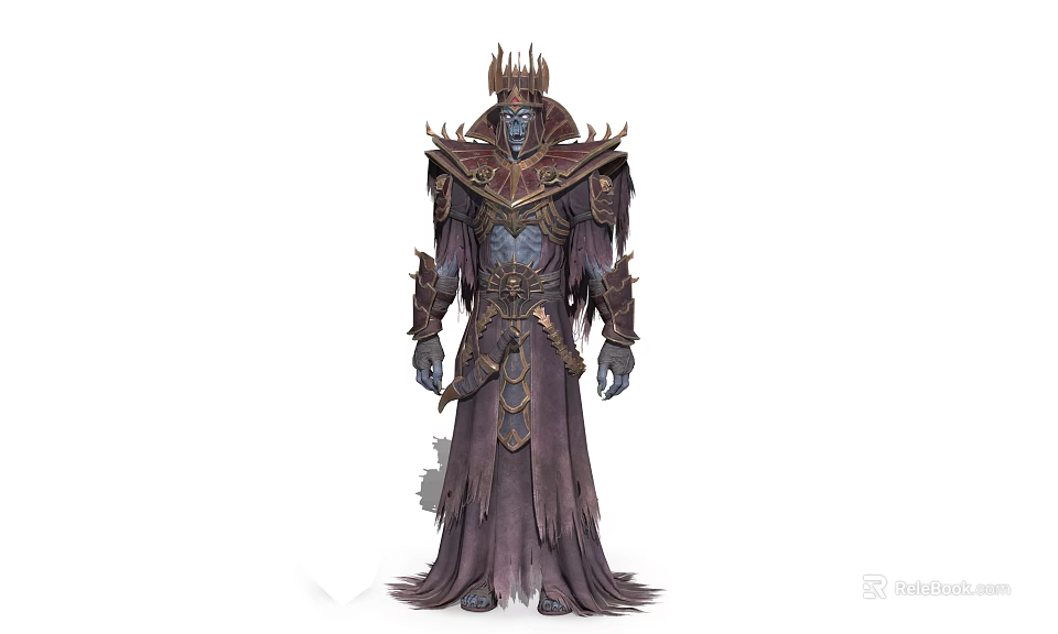 Dark Ancient Undead Lord with Crown Headpiece Ornate Armor Spiked Shoulders and Tattered Robe 3d model 