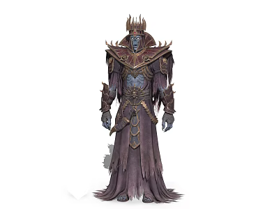 Dark Ancient Undead Lord with Crown Headpiece Ornate Armor Spiked Shoulders and Tattered Robe 3d model