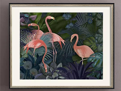 Flamingo Animal Painting With Tropical Green Leaves And Jungle Plants Background 3d model