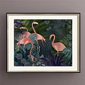 Flamingo Animal Painting With Tropical Green Leaves And Jungle Plants Background