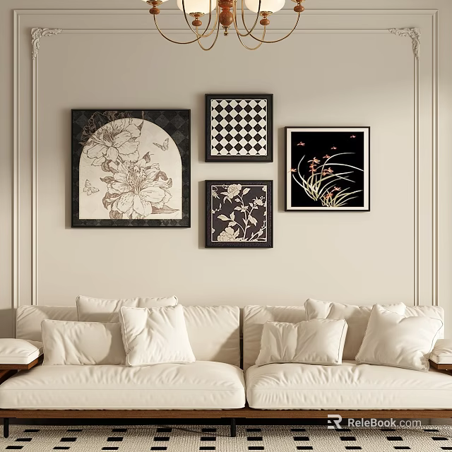 Abstract Paintings On Living Room Wall With Four Framed Artworks And Soft Sofa 3d model 