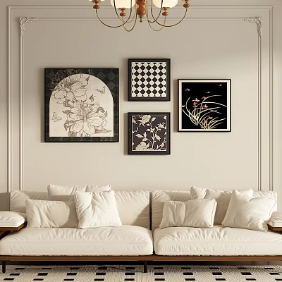 Abstract Paintings On Living Room Wall With Four Framed Artworks And Soft Sofa 3d model