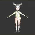Playful 3D Cartoon Character With Bun Hairstyle Green Shirt Orange Shorts And Chest Badge