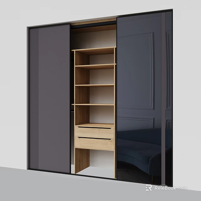 Modern Wardrobe Design With Sliding Doors Wooden Shelves And Drawers In Light Dark Color 3d model 