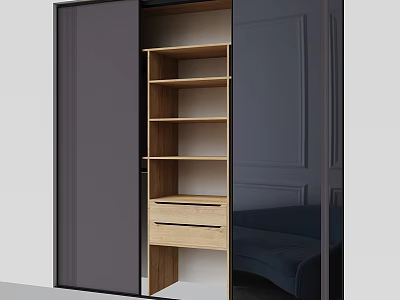 Modern Wardrobe Design With Sliding Doors Wooden Shelves And Drawers In Light Dark Color 3d model